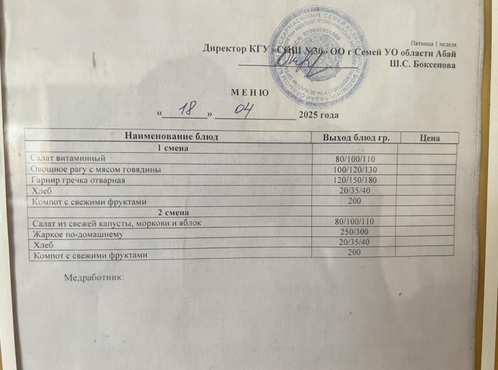 18 сәуір, мәзірдің фотосы