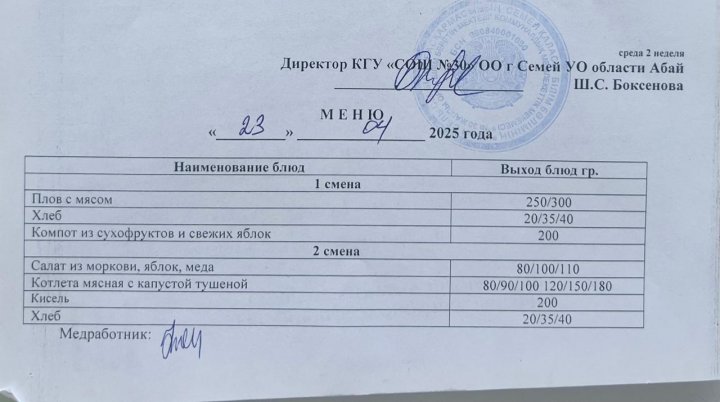23 сәуір, мәзірдің фотосы