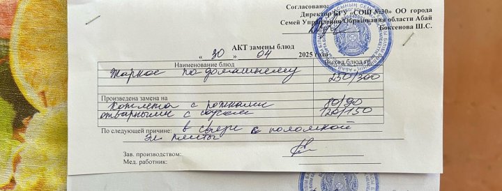 30 сәуір, мәзірдің фотосы с актом замены блюда